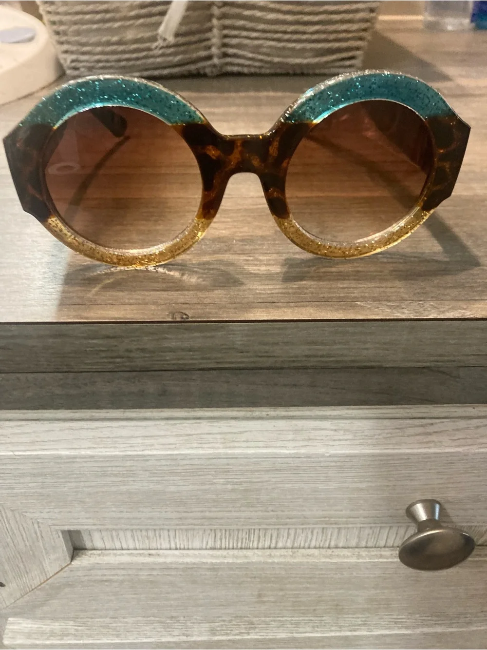 Tortoiseshell Round Sunglasses with Teal & Gold Glitter Accents